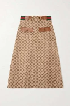 GUCCI Midirock Aus Canvas Aus Einer Baumwollmischung Mit Jacquard-Muster, Lederbesätzen Und Gürtel ,Camel
