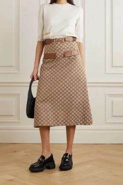GUCCI Midirock Aus Canvas Aus Einer Baumwollmischung Mit Jacquard-Muster, Lederbesätzen Und Gürtel ,Camel -Offizielle GUCCI Website w920 q60 684