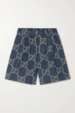 GUCCI Jumbo GG Shorts Aus Denim-Jacquard Mit Falten Und Lederbesätzen ,Blau