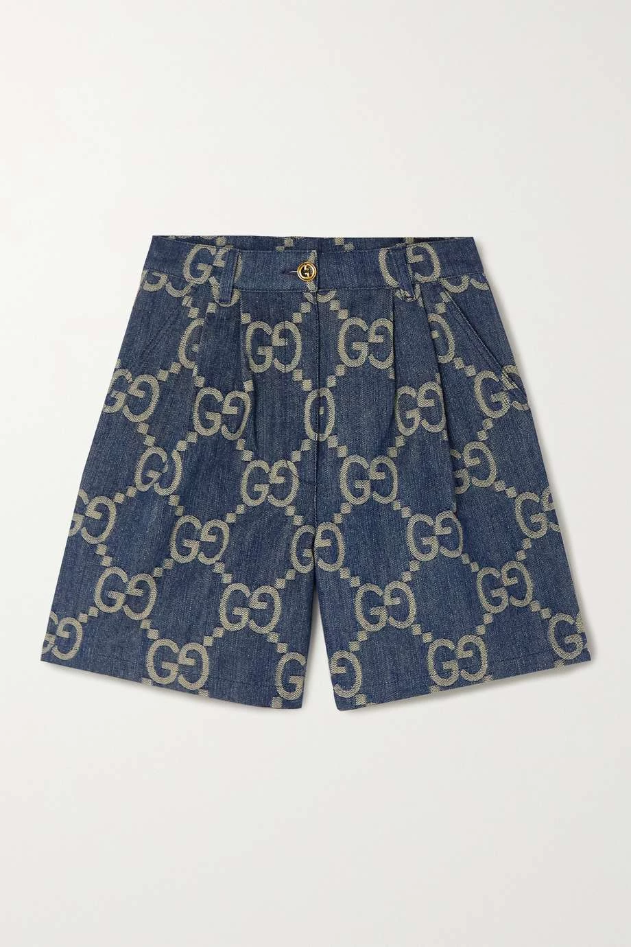 GUCCI Jumbo GG Shorts Aus Denim-Jacquard Mit Falten Und Lederbesätzen ,Blau 1 GUCCI Jumbo GG Shorts Aus Denim-Jacquard Mit Falten Und Lederbesätzen ,Blau