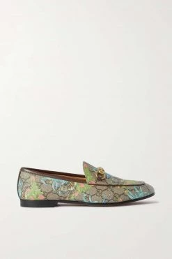 GUCCI Jordaan Loafers Aus Beschichtetem Canvas Mit Lederbesatz Und Horsebit-Detail ,Grün