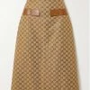 GUCCI Aria Verzierter Midirock Aus Bedrucktem Canvas Aus Einer Baumwollmischung Mit Lederbesätzen ,Camel
