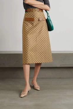 GUCCI Aria Verzierter Midirock Aus Bedrucktem Canvas Aus Einer Baumwollmischung Mit Lederbesätzen ,Camel -Offizielle GUCCI Website w920 q60 751