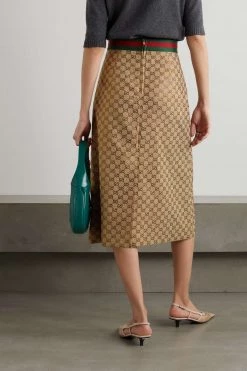 GUCCI Aria Verzierter Midirock Aus Bedrucktem Canvas Aus Einer Baumwollmischung Mit Lederbesätzen ,Camel -Offizielle GUCCI Website w920 q60 752