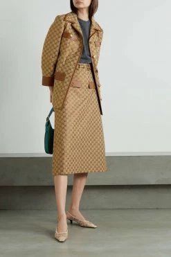 GUCCI Aria Verzierter Midirock Aus Bedrucktem Canvas Aus Einer Baumwollmischung Mit Lederbesätzen ,Camel -Offizielle GUCCI Website w920 q60 754