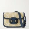 GUCCI Horsebit 1955 Schultertasche Aus Raffiabast Mit Lederbesätzen ,Blau