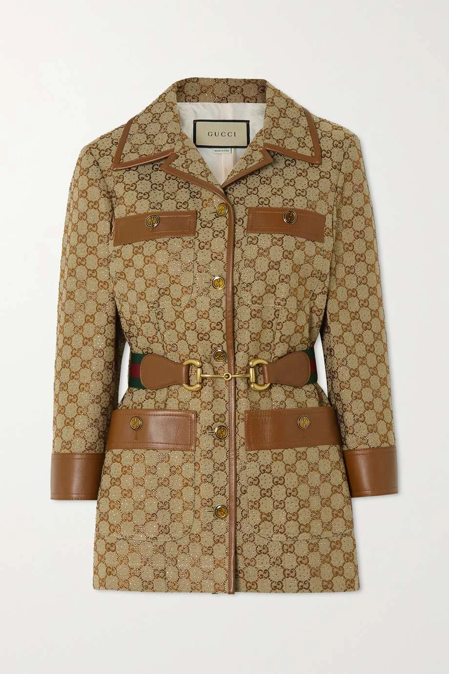GUCCI Aria Jacke Aus Canvas Aus Einer Baumwollmischung Mit Jacquard-Muster, Lederbesätzen Und Gürtel ,Camel 1 GUCCI Aria Jacke Aus Canvas Aus Einer Baumwollmischung Mit Jacquard-Muster, Lederbesätzen Und Gürtel ,Camel