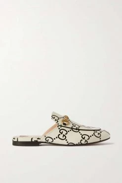 GUCCI Princetown Slippers Aus Leder Mit Logoprint Und Horsebit-Detail ,Weiß