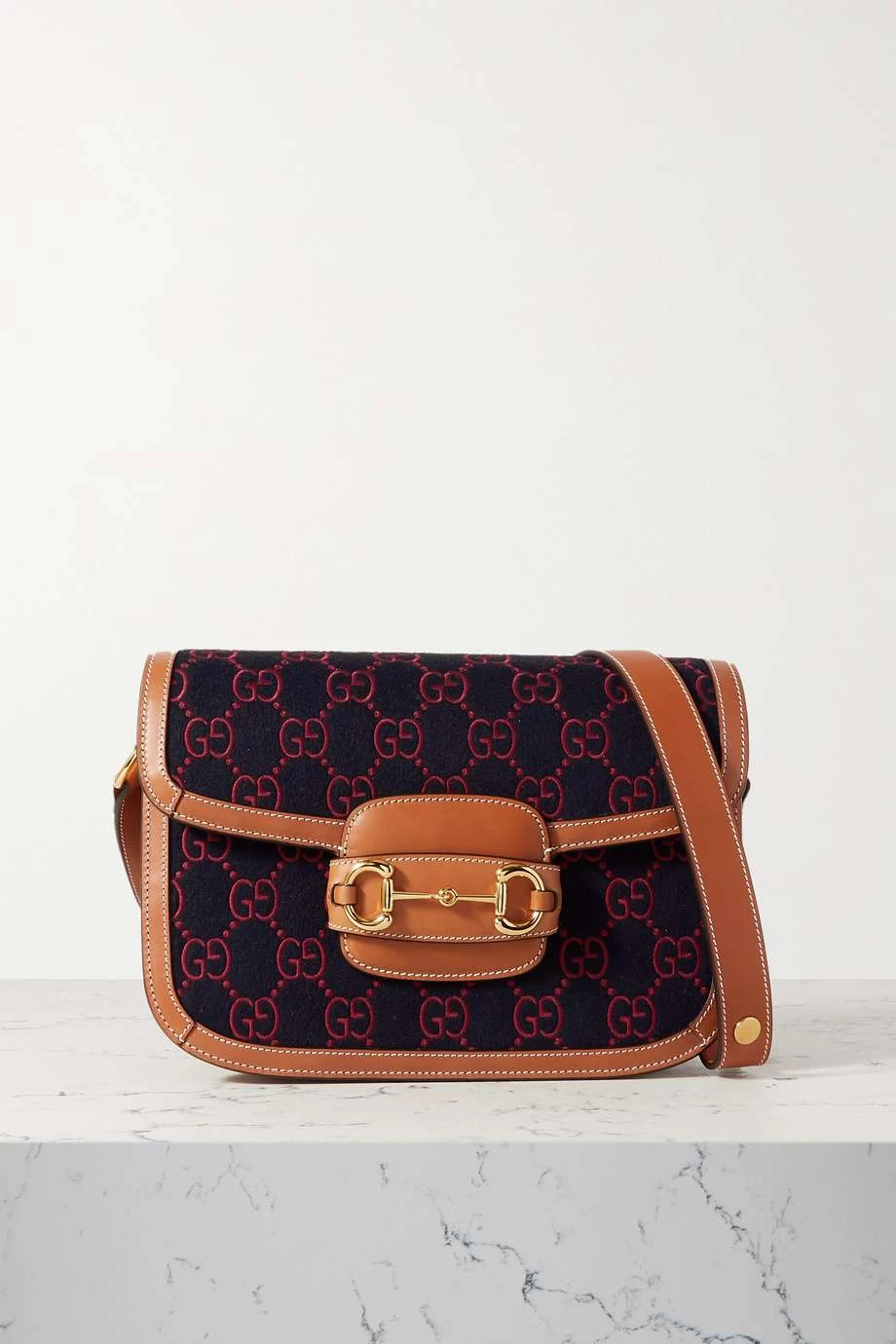 GUCCI Horsebit 1955 Schultertasche Aus Woll-Jacquard Mit Lederbesätzen ,Blau 1 GUCCI Horsebit 1955 Schultertasche Aus Woll-Jacquard Mit Lederbesätzen ,Blau