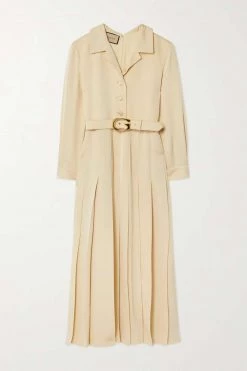 GUCCI Hemdblusenkleid Aus Glänzender Faille Mit Falten Und Gürtel ,Creme
